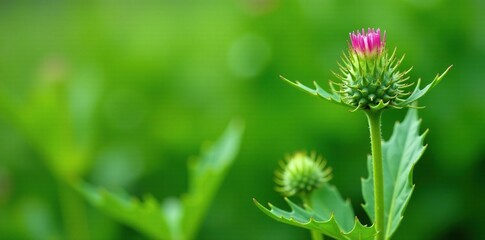 Obraz premium Small green thistle buds growing among leafy greens, buds, plants, thistle