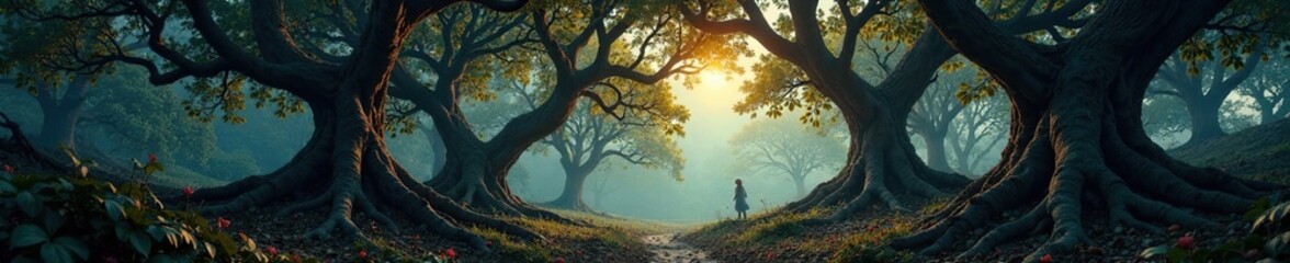 Fototapeta premium Trees with twisted trunks and tangled branches, atmospheric, foliage