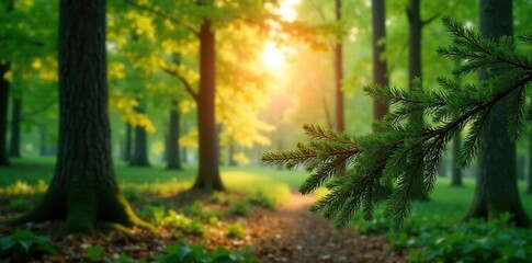 Obraz premium Evergreen tree branches stretch towards morning sunlight, forest scene, early spring season