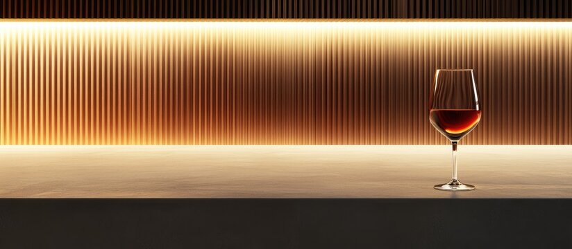 Close up glass of red wine on a modern bar countertop with warm glowing background ideal for beverage advertisements and promotions