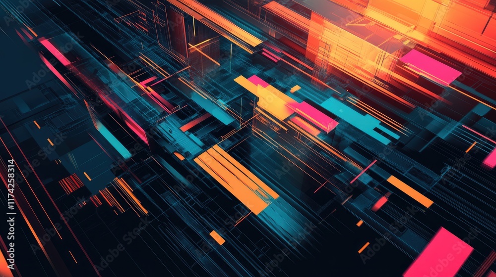 Aufkleber Futuristic Digital Abstract Technology Background with Geometric Shapes and Vibrant Colors