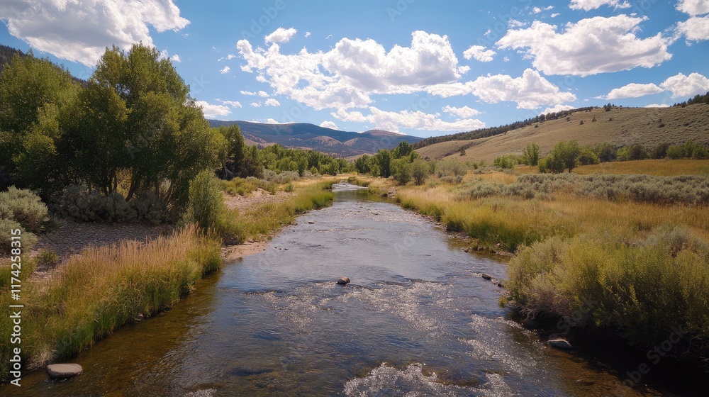 Poster scenic mountain stream flowing through lush greenery under a bright blue sky with fluffy clouds in a
