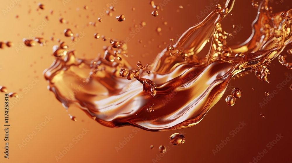 Poster liquid splash abstract background in 3d render with warm tones and bubbles creating a dynamic visual
