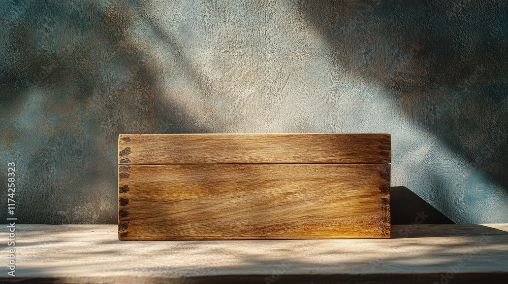 Poster Wooden box with natural finish illuminated by shadows on a textured wall background showcasing craftsmanship and simplicity in design