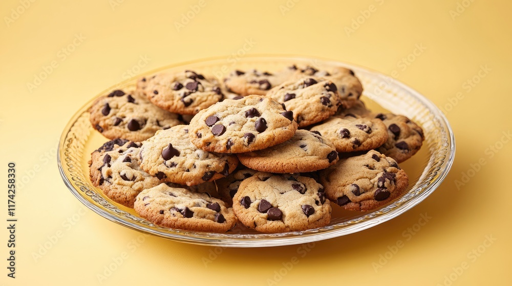 Poster a large glass plate filled with assorted chocolate chip cookies against a soft yellow backdrop for a
