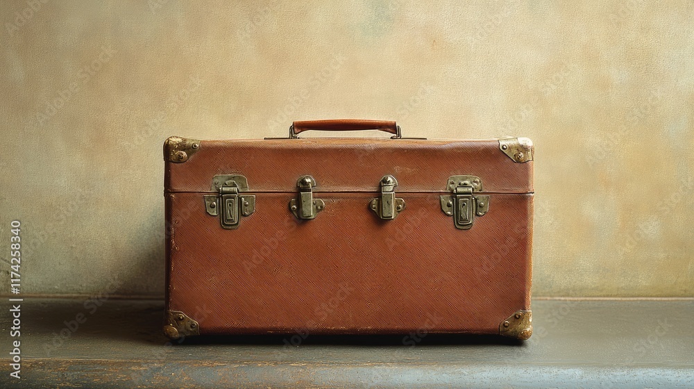 Poster Vintage travel case on display in a studio setting highlighting classic design and craftsmanship with a textured background.
