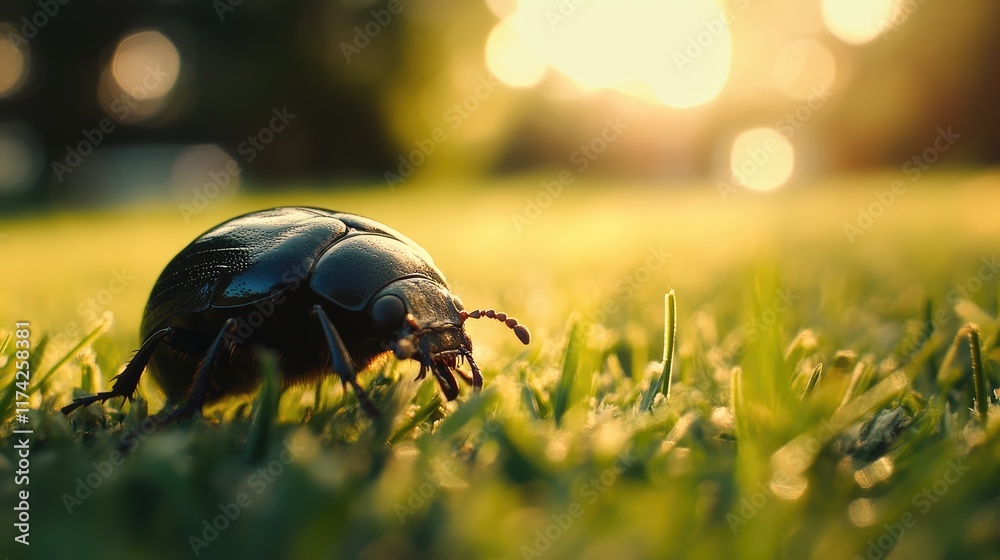 Poster beetle crawling on lush green grass during golden hour with soft sunlight and blurred background cre