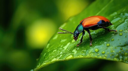Colorful beetle resting on a dewy green leaf showcasing vibrant colors and intricate details in a natural environment.