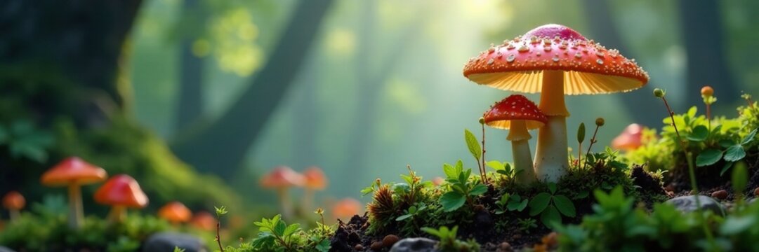Delicate parasola conopilea mushrooms growing in a misty chapel foreground, fungus, mushroom, forest