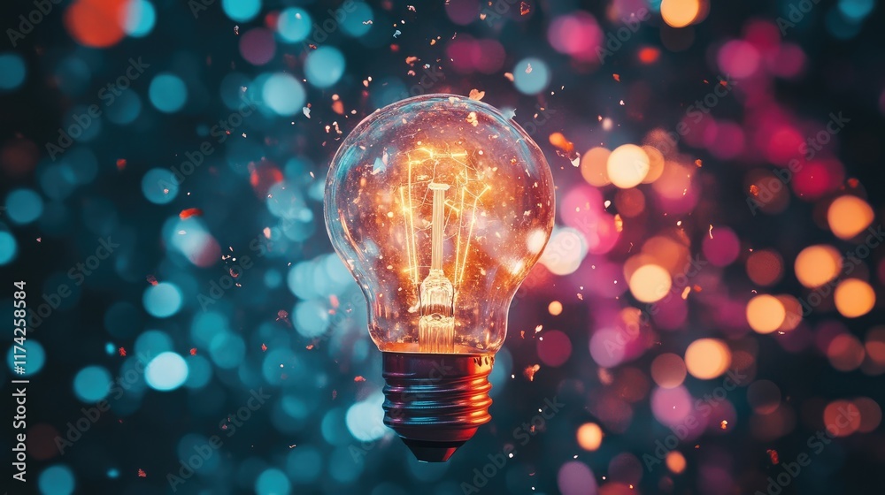 Poster Illuminated Light Bulb Surrounded by Colorful Bokeh Creating a Vibrant Abstract Conceptual Background