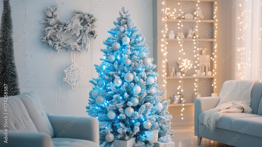 Aufkleber decorative christmas tree with blue lights and ornaments in a cozy holiday setting creating a warm f