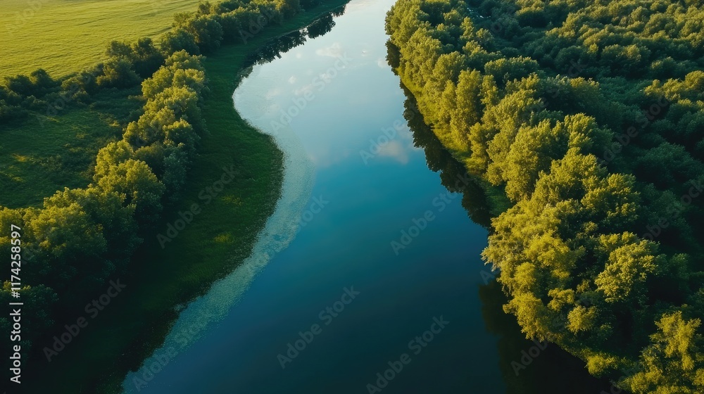 Aufkleber aerial view of a serene summer river bordered by lush greenery showcasing tranquil reflections and v