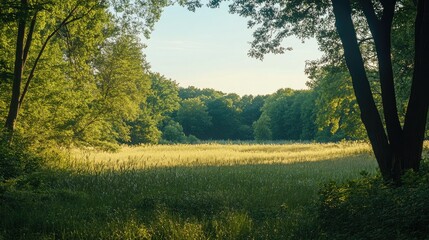 Obraz premium Lush Summer Landscape with Vibrant Green Vegetation and Sunlit Nature in Peaceful Outdoor Setting