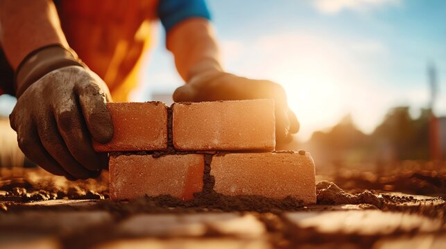 A craftsman carefully laying bricks during sunset, showcasing masonry skills and dedication to construction work.