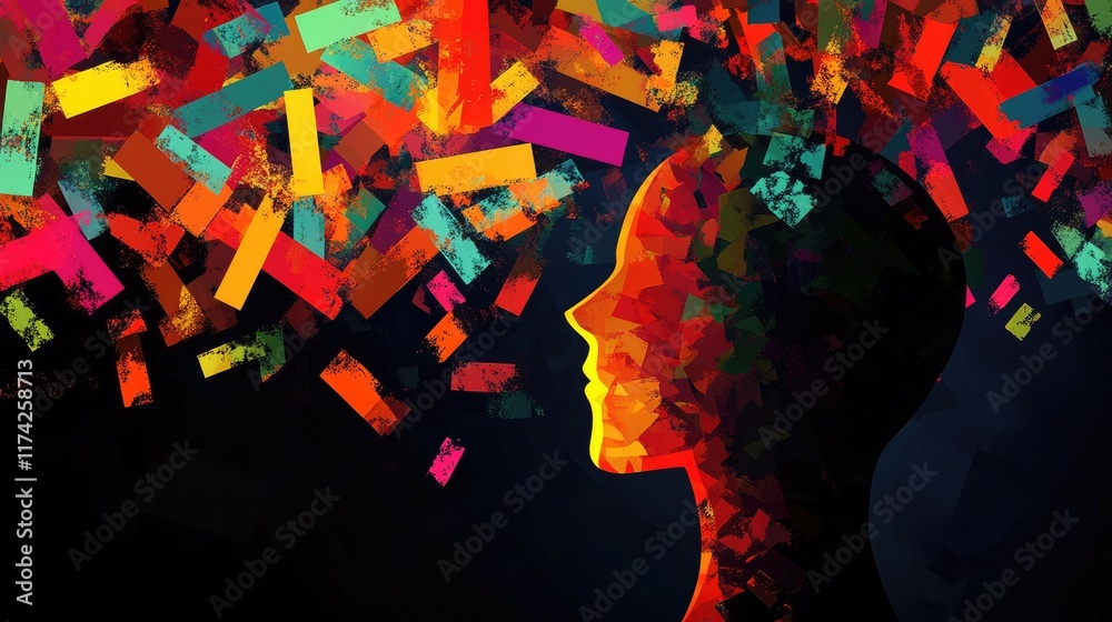 Poster colorful abstract confusion concept featuring a head silhouette surrounded by vibrant exclamation ma