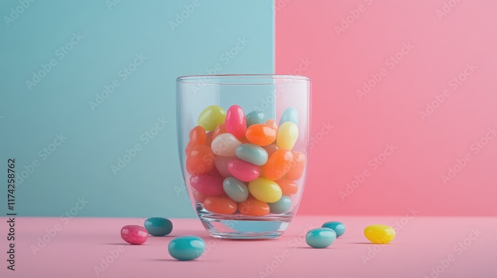 Poster colorful jelly beans in a glass container on a pastel split background creating a vibrant and playfu