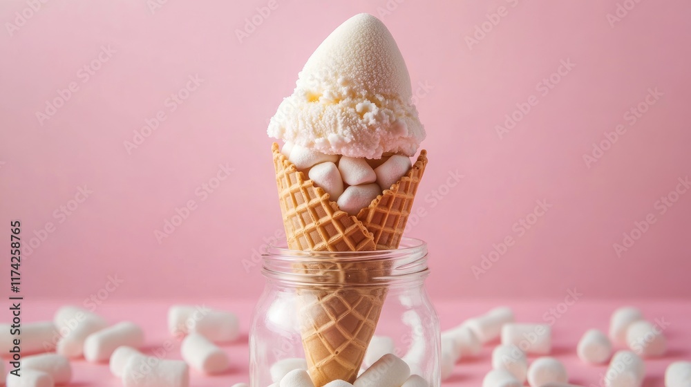 Poster ice cream cone filled with marshmallows displayed in jar against pink background