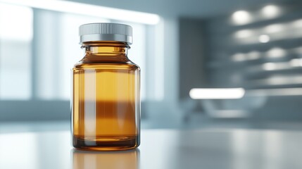 Aesthetic Amber Glass Jar for Skincare Serum Presentation in Modern Medical Facility with Blank Label for Custom Branding Options