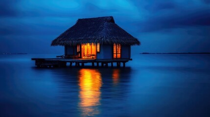 Fototapeta premium Serene overwater bungalow illuminated at sunset with thatched roof surrounded by tranquil waters in a captivating long exposure scene