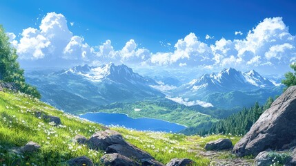 Serene mountain landscape featuring a tranquil lake surrounded by lush greenery peaks and dramatic cloud formations on a clear summer day