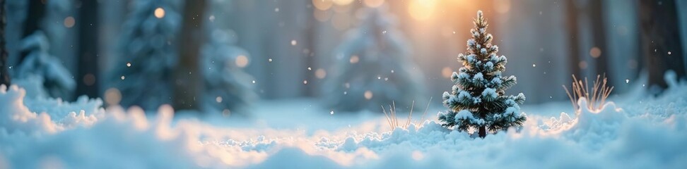 Naklejka premium Miniature snow-covered forest with a small Christmas tree, cold climate, miniature forest, miniature scene