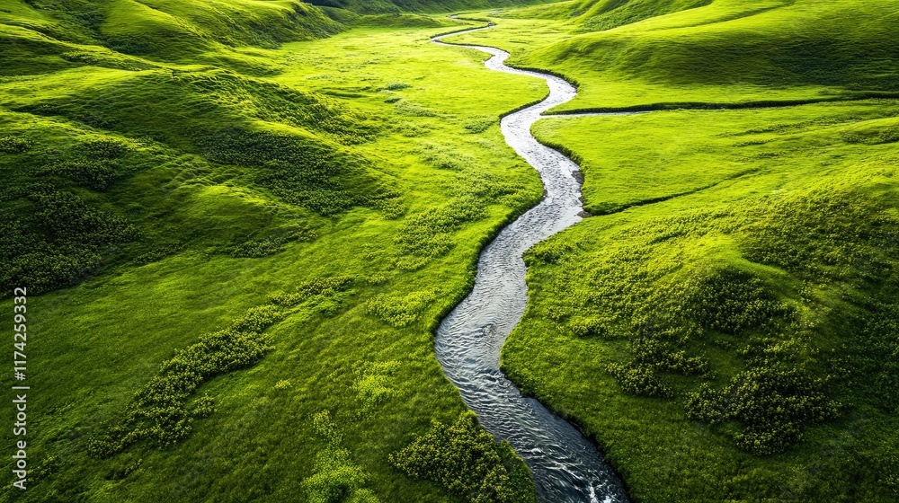 Poster a serene stream winding through vibrant green fields with the majestic alps in the background creati