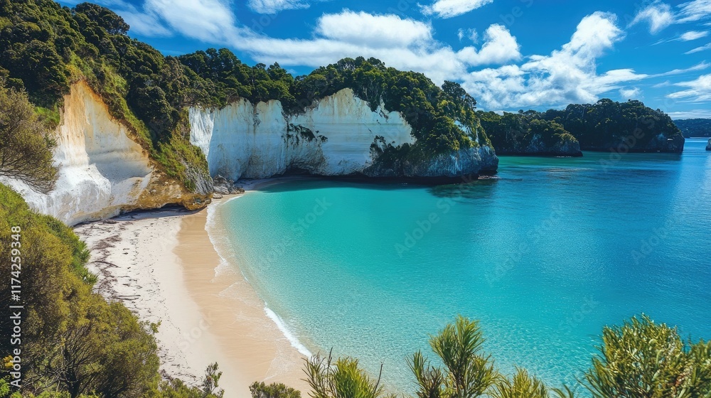 Aufkleber scenic coastal view of a serene beach surrounded by majestic cliffs and vibrant blue ocean waters in