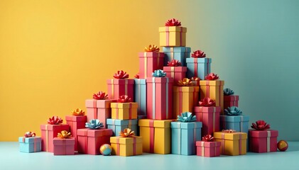 Tower of colorful gift boxes piled high on the ground, mountain, wooden crates