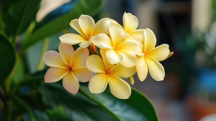 Naklejka premium Stunning cluster of yellow plumeria flowers blooming amidst vibrant green foliage in a natural setting