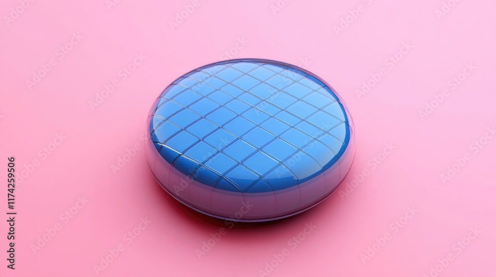 Poster 3d blue grid button with glossy finish on soft pink background for modern design and user interface 