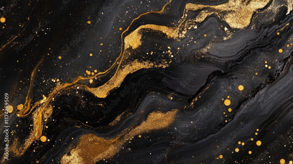 Poster Elegant Black and Gold Cosmic Abstract Background with Rich Textures and Dynamic Flowing Patterns