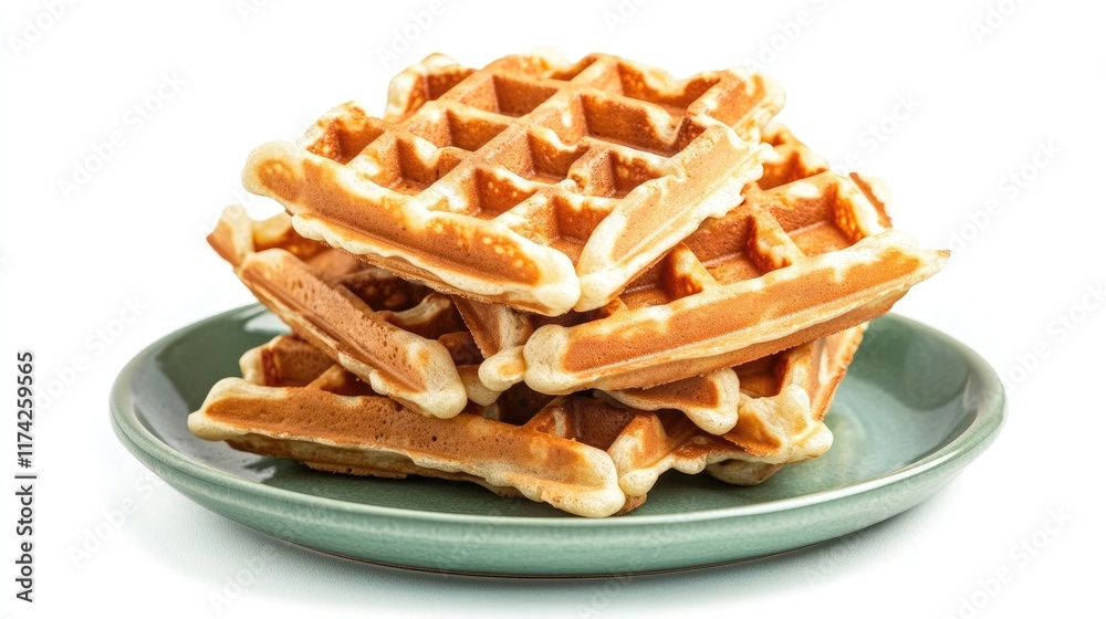 Poster stack of golden waffles on a green plate showcasing soft shadows against a clean white background fo