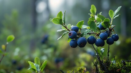 Bilberry shrub with ripe berries in a misty forest setting showcasing nature's beauty and vibrant colors in a serene environment.