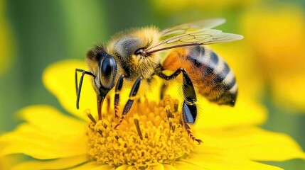 Honeybee pollinating vibrant yellow flower in lush garden setting showcasing nature's beauty and biodiversity.