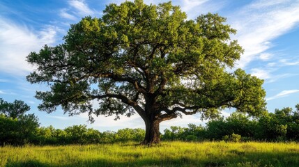 Majestic oak tree standing alone in a vibrant green landscape under a blue sky with wispy clouds, symbolizing nature's beauty and tranquility.
