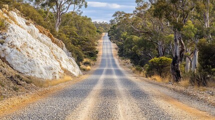 Deserted gravel road winding through rocky terrain with dry mountain and trees highlighting scenic Australian landscape