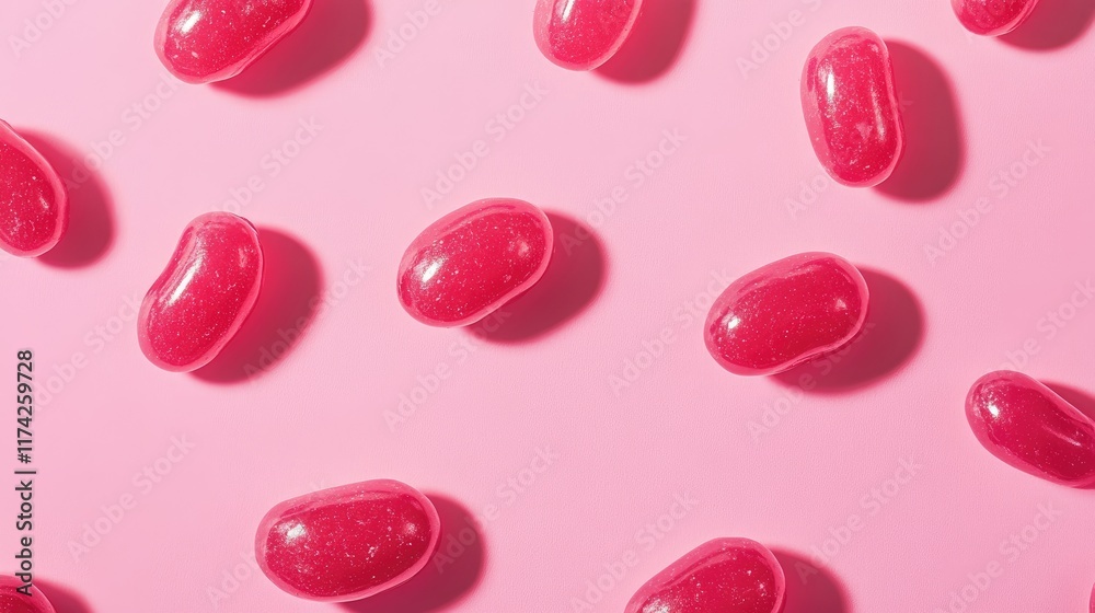 Poster colorful jelly beans scattered on a pink background creating a vibrant and playful candy flat lay de