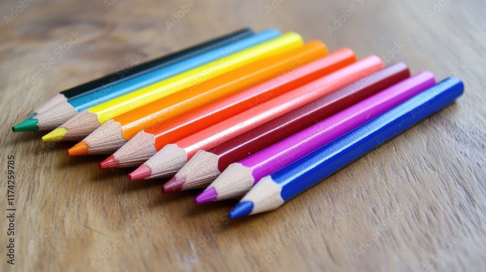 Poster close up view of a colorful array of sharpened coloring pencils arranged on a wooden surface showcas