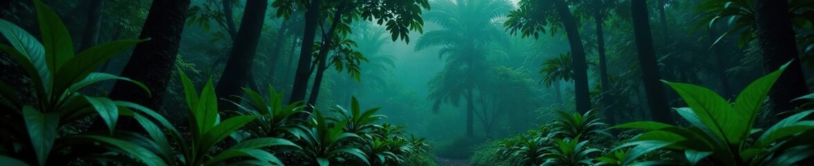Dense foliage of dark green plants in tropical forest at night, dark greens, misty, tropical forest