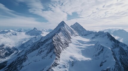 Fototapeta premium Aerial perspective showcasing majestic snow-capped mountains and serene alpine landscapes under a dramatic sky with clouds.