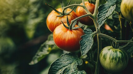 Ripening tomatoes on lush green vines in a vibrant greenhouse showcasing organic gardening and sustainable farming practices