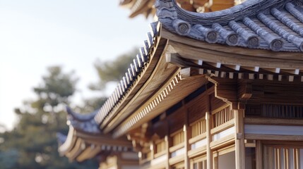 Naklejka premium Close up view of traditional Japanese architecture showcasing intricate roof details and wooden craftsmanship in harmonious natural setting