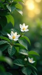 Jasmine blooms amidst dense foliage, with a soft ethereal glow, garden landscape, soft light, botanical