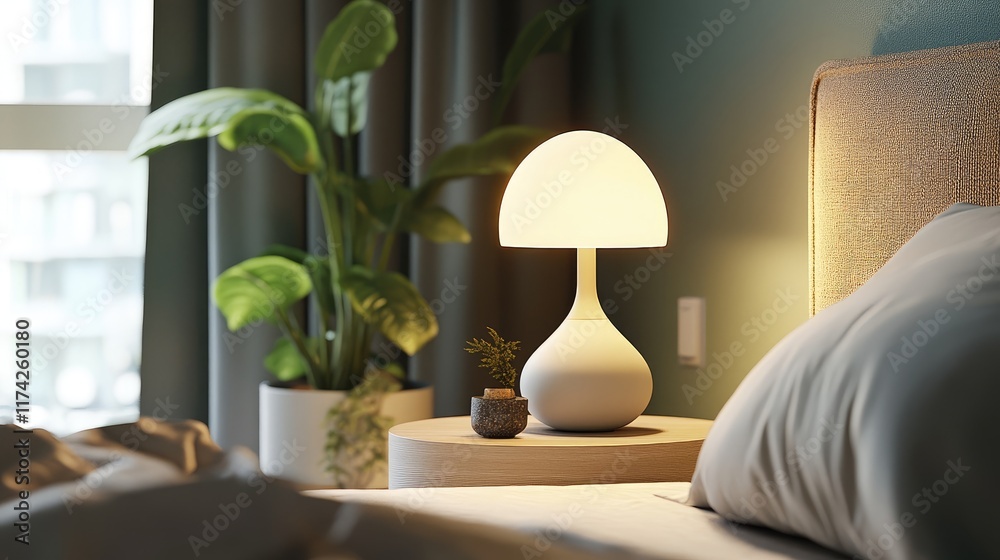 Poster modern bedside table lamp beside a cozy bed with greenery creating a warm and inviting ambiance in a