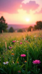 Soft pink dawn light spreads over lush green grass, grassy field, wildflowers, dawn