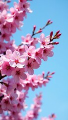 Obraz premium Soft pink petals of redbud tree against clear blue sky, sky, fresh,