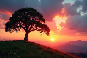 Fototapeta premium A serene scene of a large tree against a warm and colorful sunset sky, nature, hill