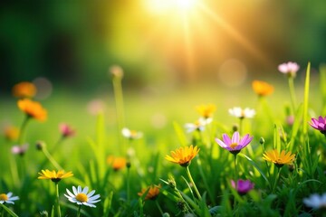 Soft sunlight filters through wildflowers in a lush meadow, field, green