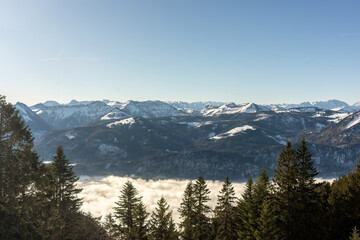 View from the peak of mount Schafberg at Salzkammergut, Austria, in winter