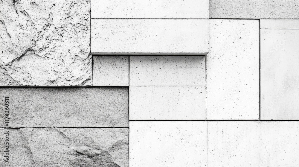 Poster Textured concrete and stone wall surface with geometric patterns suitable for architecture and construction backgrounds and design projects